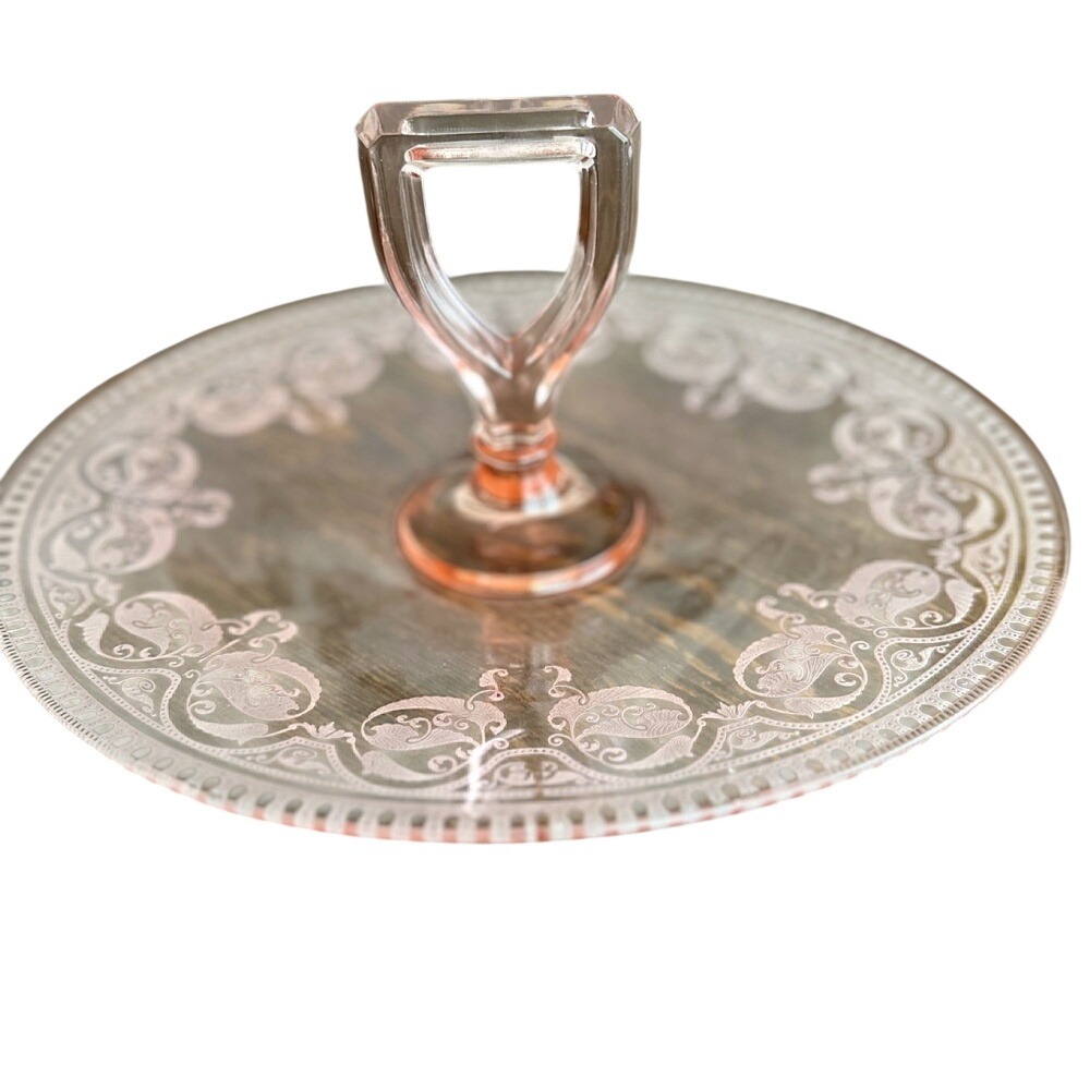 Vintage Pink Depression Glass Center Handle‎ Server Tray Etched Peacock 10.5 In